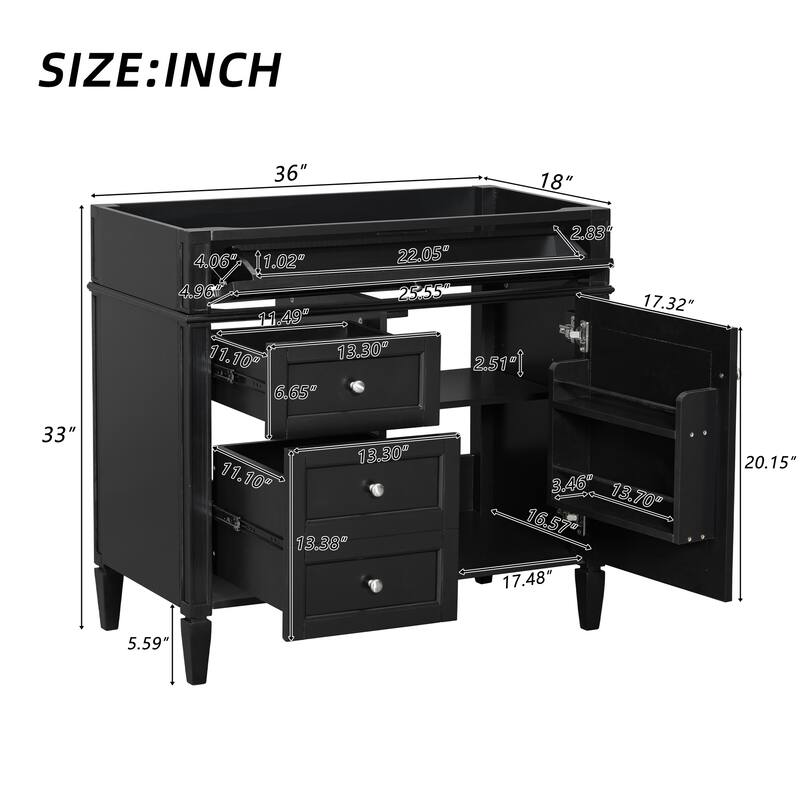 Roomfitters 36 Inch Bathroom Vanity Base, Solid Wood Frame Storage Cabinet with Sliding Sections & Tilt-Down Tray, Black