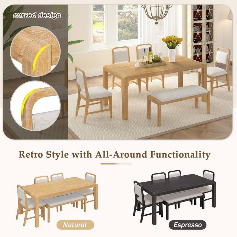 6-Piece Set, 59.8" Extendable Wooden Dining Table with 4 Chairs and 1 Bench