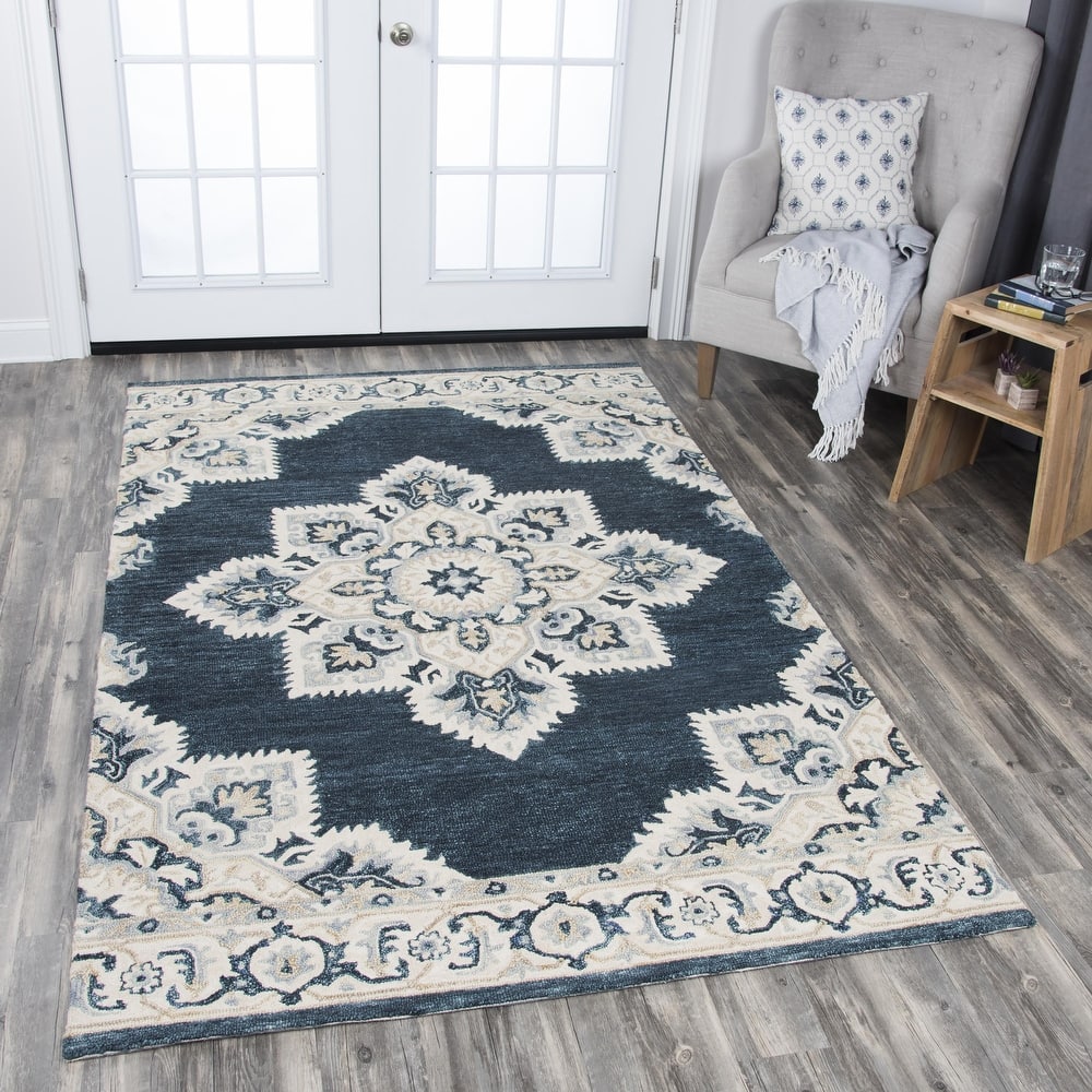 Alora Decor Cascade Blue, Grey, and Tan Medallion Hand-tufted Wool Rug