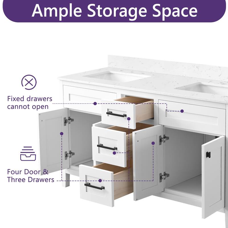 60" inch Freestanding Bathroom Vanity with Classical White Quartz Counter Top Ceramic Rectangular Sink