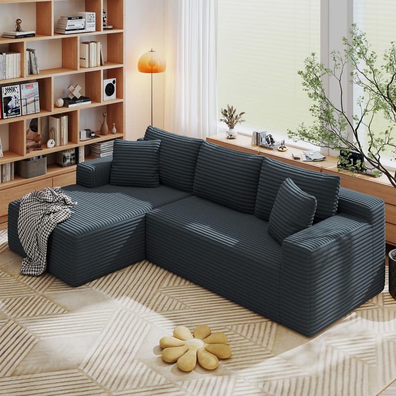 Rossetta L-Shaped Modular Cloud Corduroy Sectional Sofa with Deep Seat, Left Facing - Dark Grey