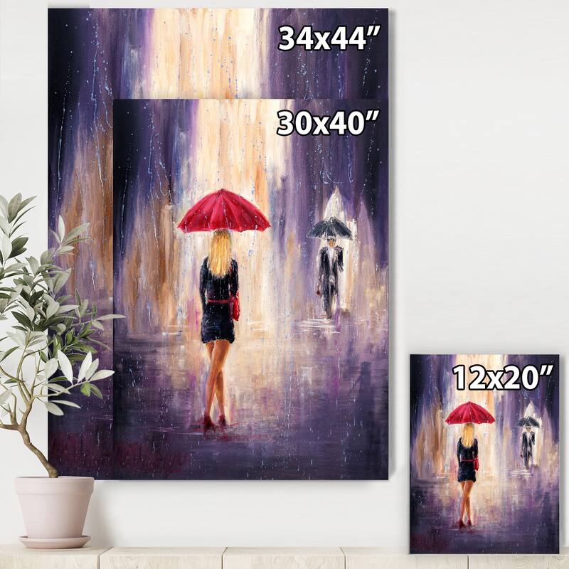 Designart "Lady With Red Umbrella Walking In The Rain" Traditional Canvas Wall Art Print