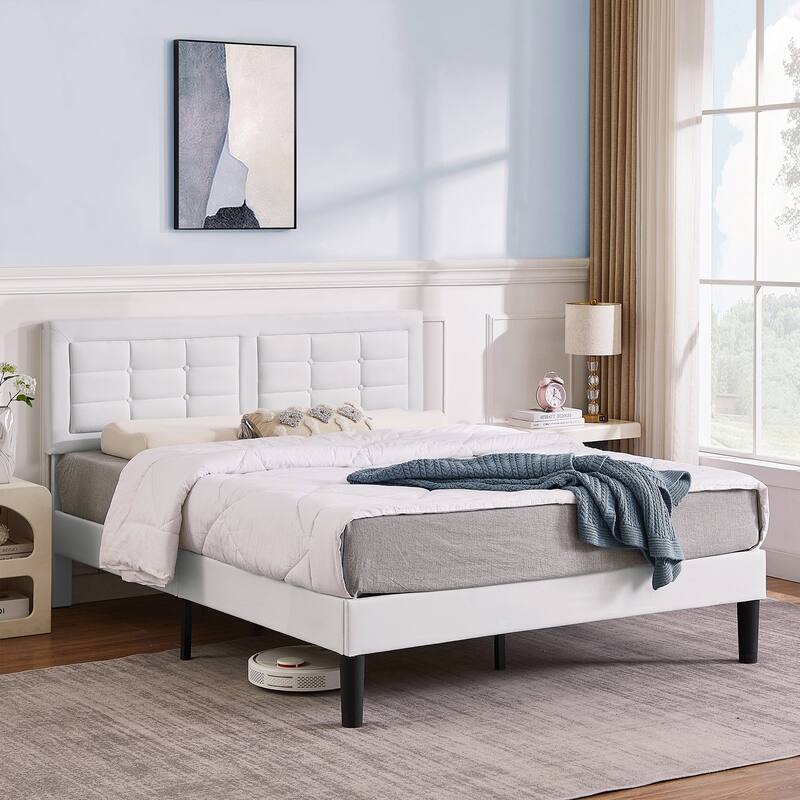 VECELO Bed Frame with Adjustable Headboard Upholstered Button Tufted Platform Bedframe with Wood Slats Support