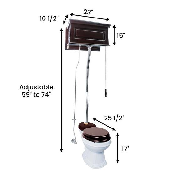 Wooden High Tank Pull Chain Toilet Dark Oak Finish Raised Tank Round White Bowl and Chrome ...
