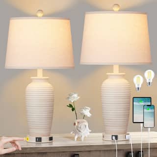 Set of 2 Grey Resin Table Lamps with 3-Way Touch Dimming, USB Ports, and AC Outlet - 13'' x 13'' x 24.3'' (L x W x H)
