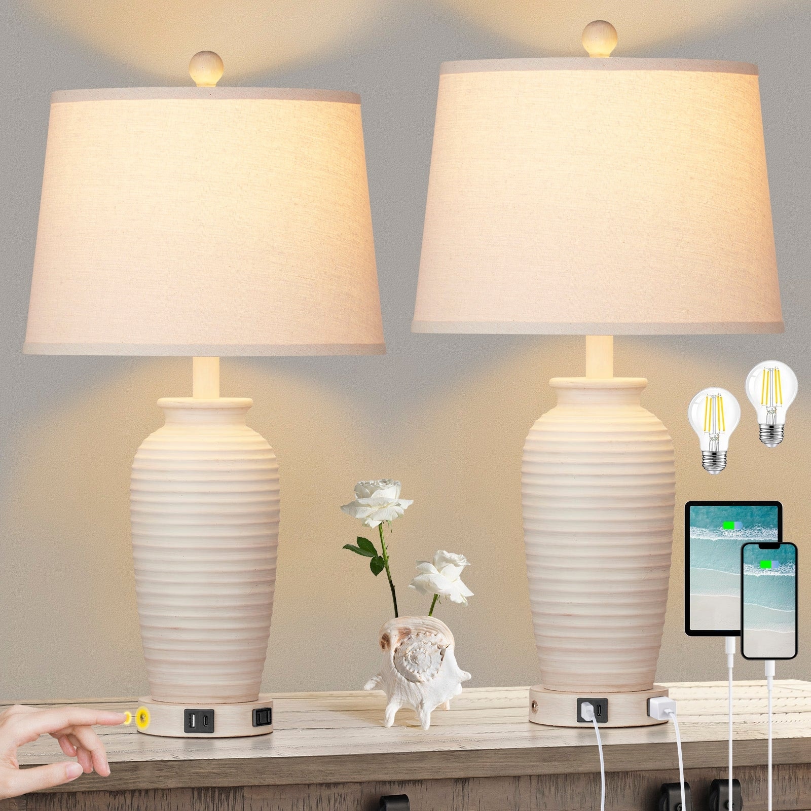 24.3 inches Resin Bedside Table Lamps with 3-Way Touch Dimming, USB Ports, and AC Outlet - 13'' x 13'' x 24.3'' (L x W x H)