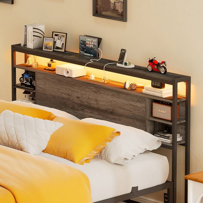 Headboards with Storage Shelves, Head Board with Power Outlet and LED Light for Bed Frame