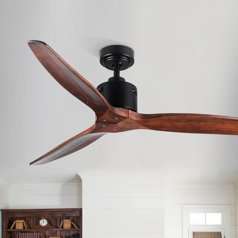 YUHAO 52 in. Modern Farmhouse Ceiling Fan with 3 Solid Wood Blades, DC Reversible Motor without Light - 52 inches - 52 inches - Black Brown - Remote