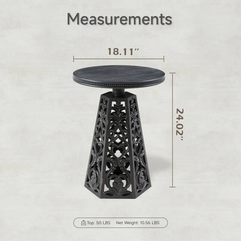 COZAYH Rustic Farmhouse Wooden End Table, Distressed Round Accent Table with Intricate Carved Floral Patterns, Boho