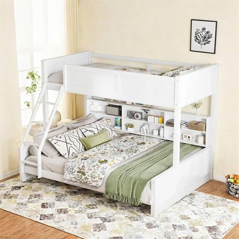 Twin XL over Queen Bunk Bed with Storage Cabinets and USB Ports