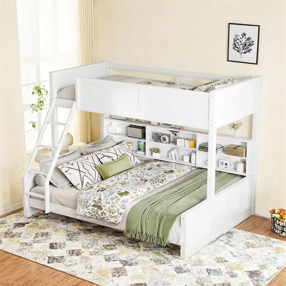 Twin XL over Queen Bunk Bed with Storage Cabinets and USB Ports