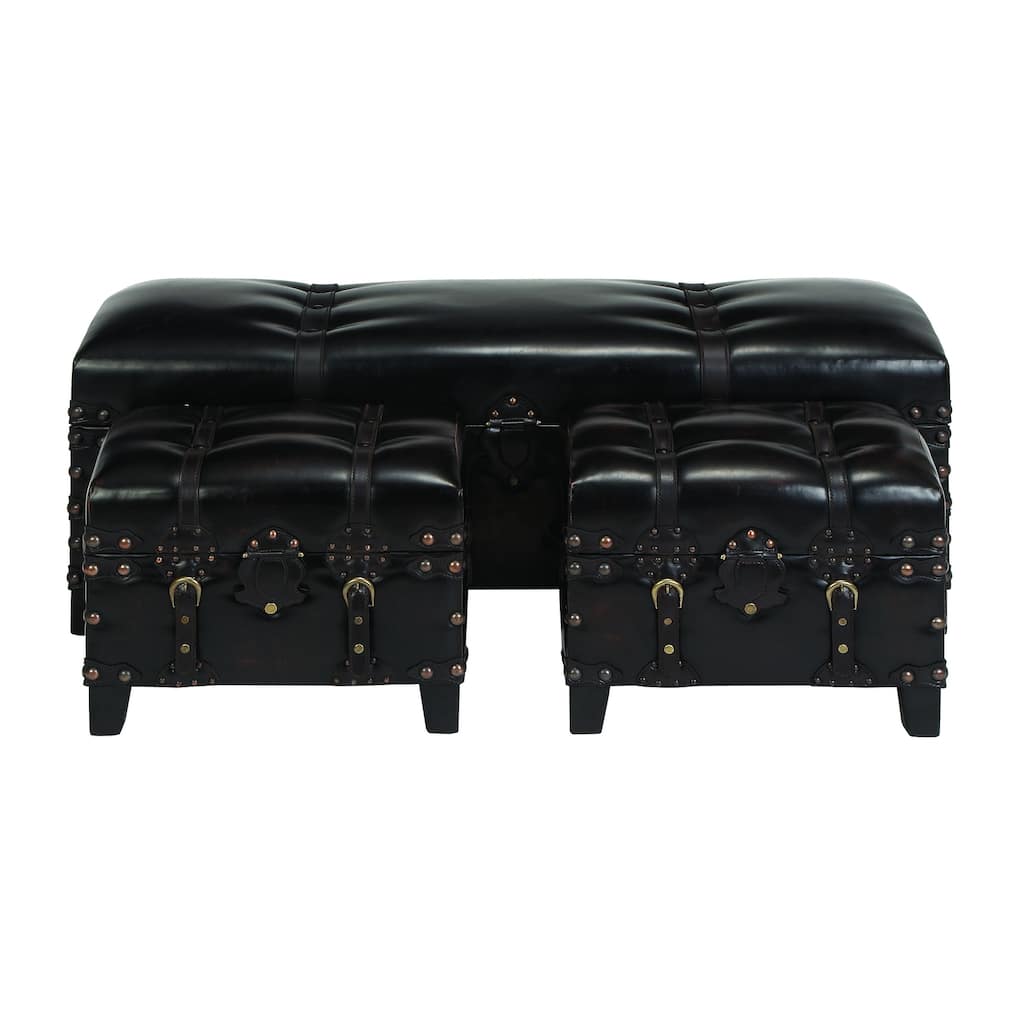 Faux Leather Vintage Room Storage Bench with Faux Leather Buckle Straps and Stud Details - Set of 3 Brown - Roche River Decor
