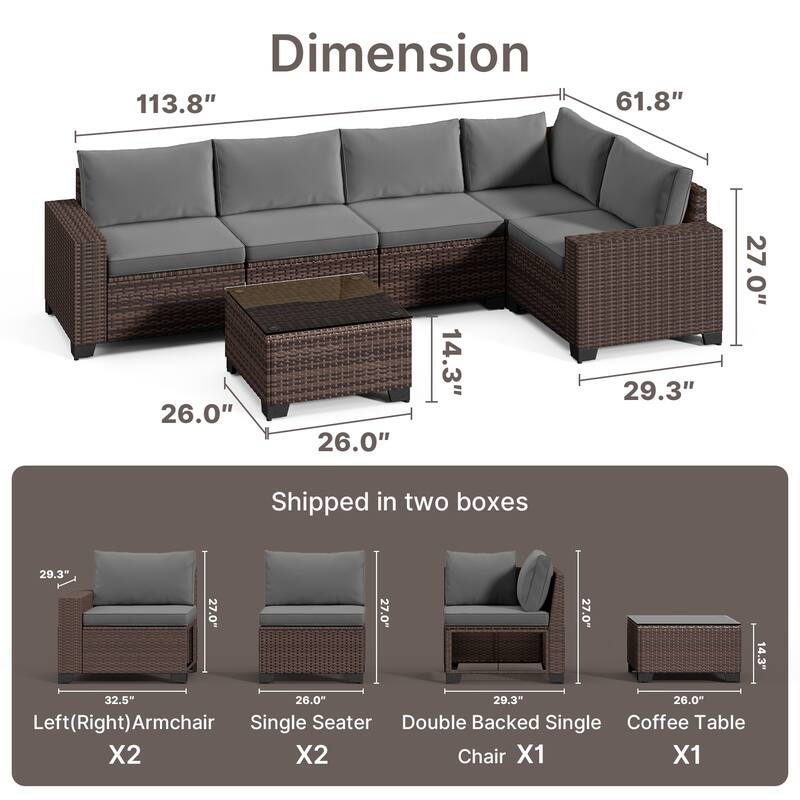 6-Piece Outdoor Patio Furniture Set, PE Wicker Rattan Sectional Sofa Conversation Set with Thickened Cushions and Coffee Table