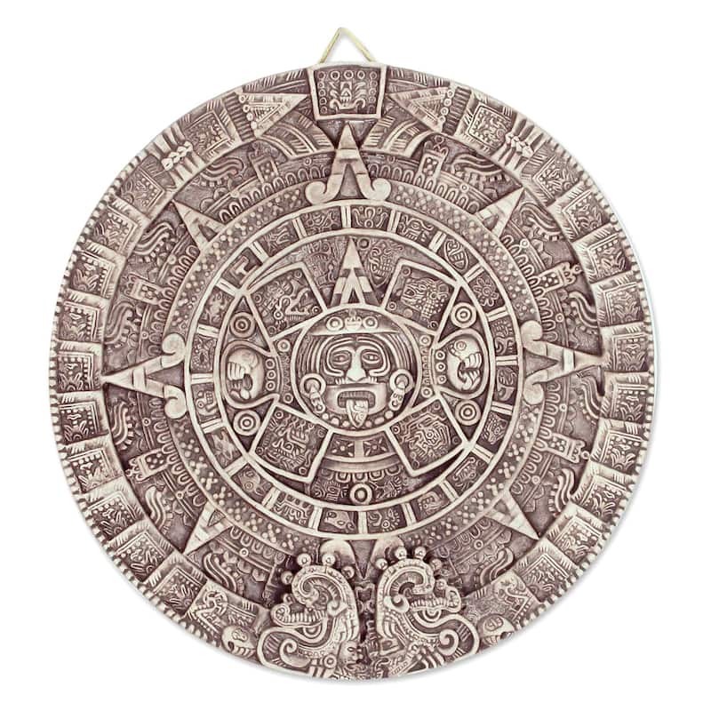 Handmade Ceramic 'Aztec Calendar in Beige' Plaque (large) (Mexico)