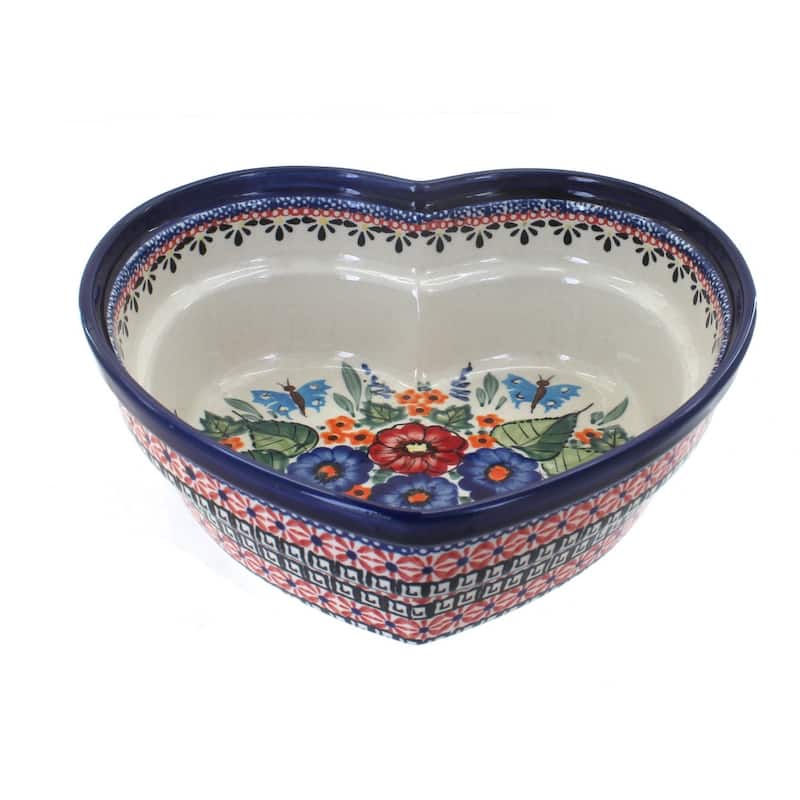 Blue Rose Polish Pottery 859-1 Zaklady Large Heart Bowl - Floral Butterfly