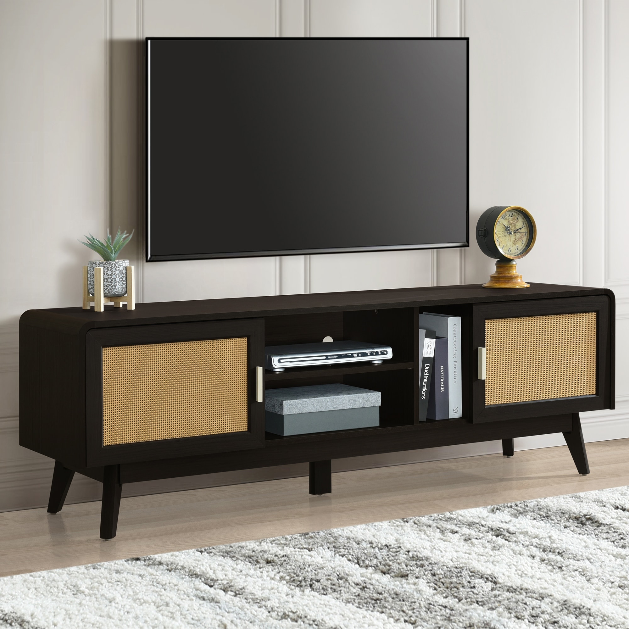 63" Boho Rattan TV Stand for 65 Inch TV, Wood TV Console Entertainment Center with 2 Cabinets