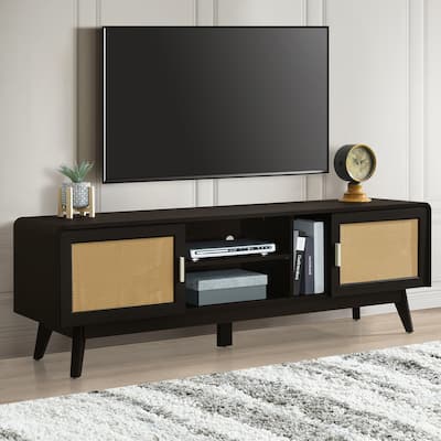 63" Dark Rattan TV Stand with 2 Storage Cabinets for 65 Inch TV, Entertainment Center Media Console Table