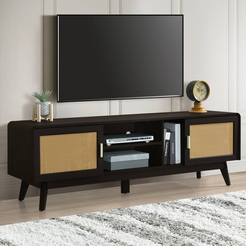 Dark Rattan TV Stand with 2 Storage Cabinets for 65 Inch TV, Entertainment Center with Solid Wood Legs, Media Console Table