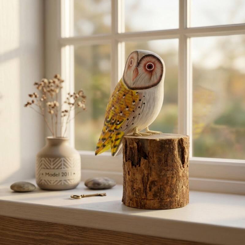 Wooden Hand Carved Yellow Barn Owl Standing on Log Statue Bird Figurine Sculpture Art Home Decor Handcrafted Decoration Handmade