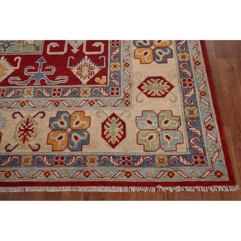 Geometric Red Kazak Area Rug Handmade Oriental Wool Carpet - 6'8" x 9'9"