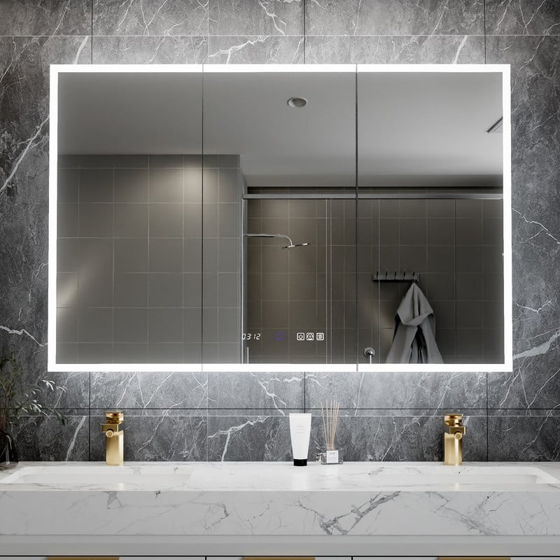 MEDUNJESS Triple Opening Frameless Demist Bathroom Mirror Cabinet - 48x32T - 48x32T