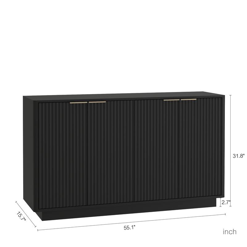 Fluted Glass Buffet Cabinet, Modern Wood Sideboard with Adjustable Shelves and Storage