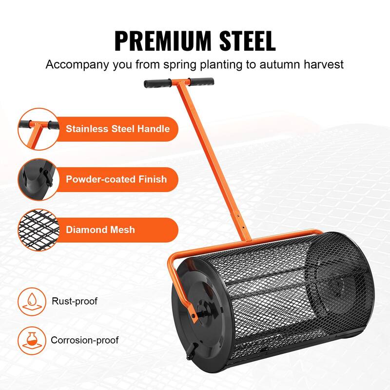 Compost & Peat Moss Spreader Roller – 24" Steel Lawn Tool - Black-Orange - 28.3" x 16.5" x 16.9"