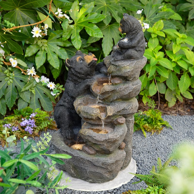 Glitzhome 30.5"H 4-Tiered LED Lighted Mom & Baby Bear Polyresin Outdoor Floor Fountain