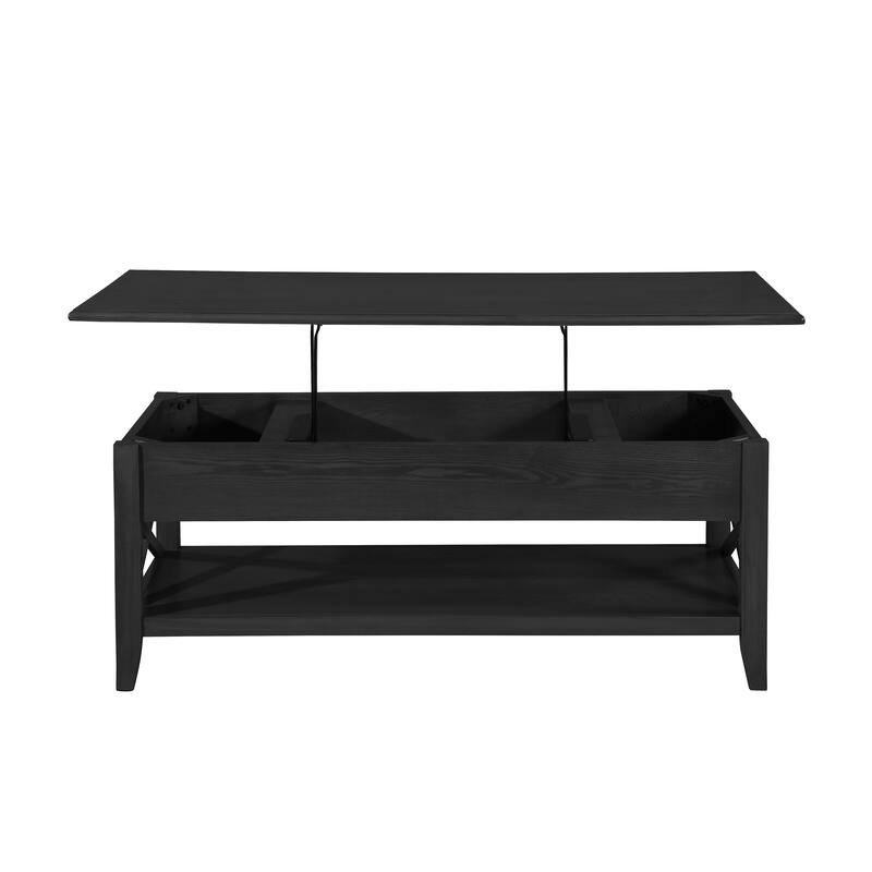 Roomfitters Modern Lift Top Coffee Table with Hidden Storage and Bottom Shelf, Wood Farmhouse Center Cocktail Table, Black