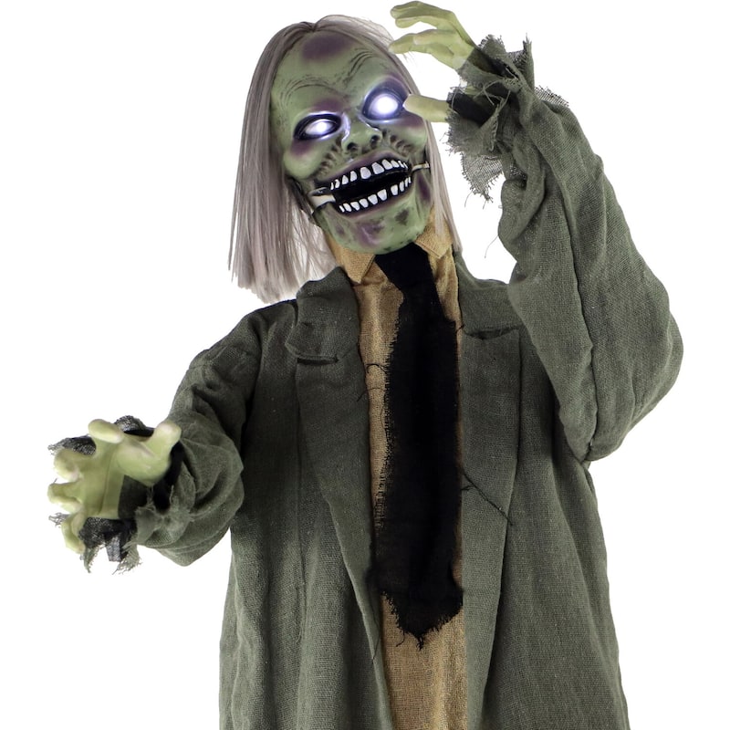 Haunted Hill Farm Life-Size Animatronic Zombie with Lights and Sound, Indoor or Covered Outdoor Halloween Decoration