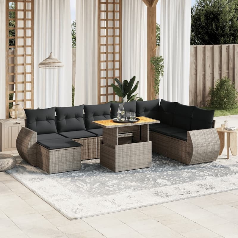 vidaXL Patio Sofa Set with Cushions Footstool and Table 9 Piece Poly Rattan - 21.7 x 39.4 x 28.7 - Grey