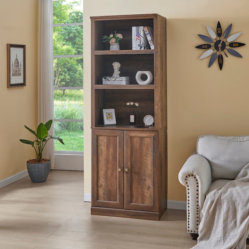 Tall Storage Cabinet File Cabinet Closet Organizer Cabinet with 3 Open Shelves and USB Charging Station - Brown