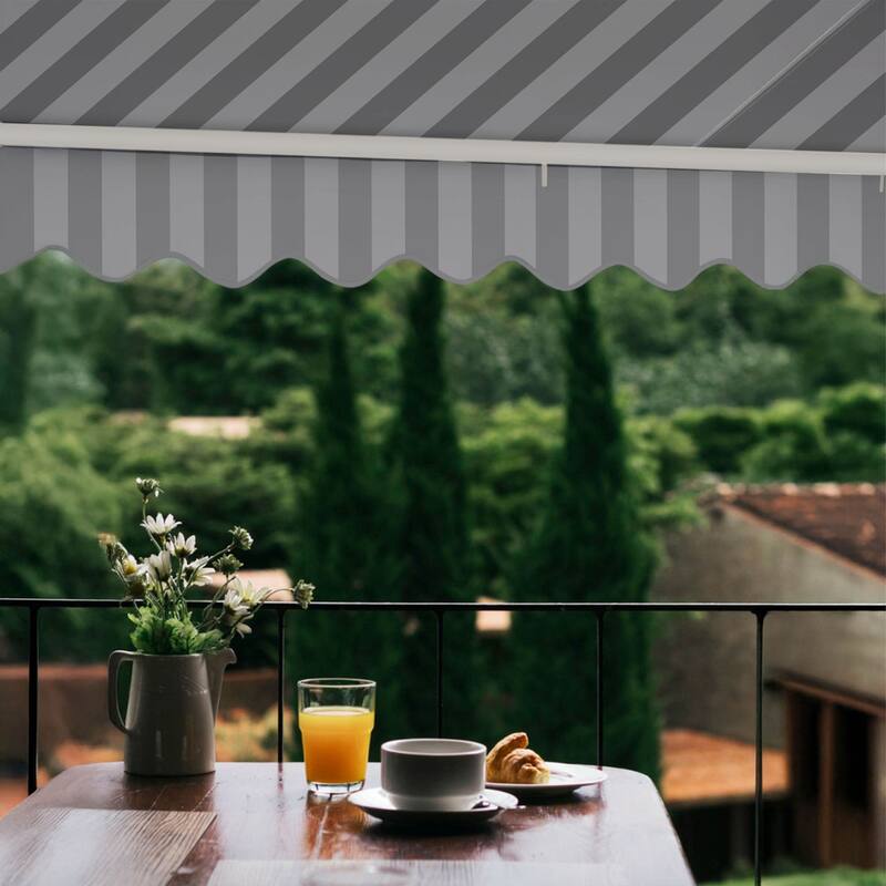 ALEKO Caribbean Manual Retractable Patio Awning - White Frame - Seagull Gray & White Striped - 13 x 10 Feet