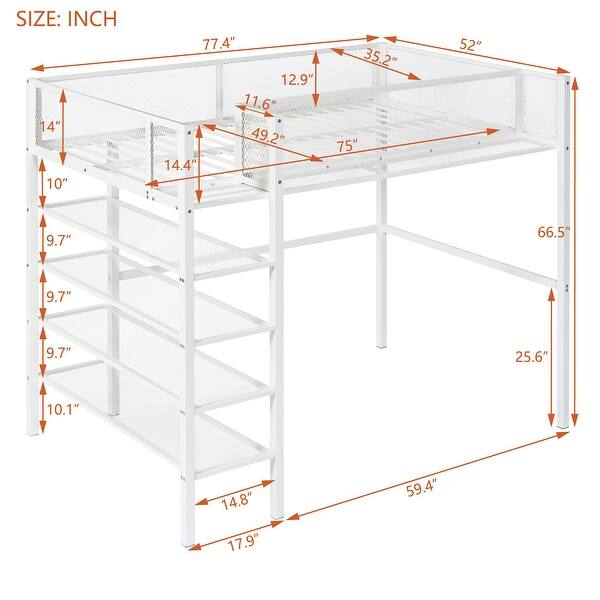 dimension image slide 4 of 7, Heavy Duty Metal Loft Bed Frame for Dorm with 4-Tier Storage Shelves, Ladders & Safety Guard Rail, Storage Platform Bed