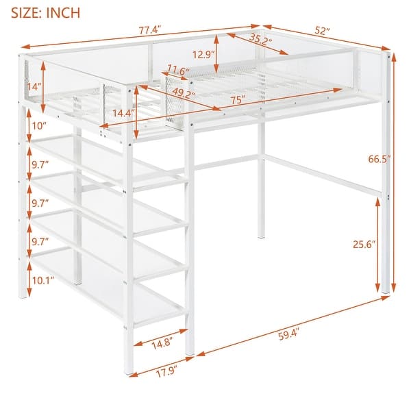 White Twin Metal Loft Bed with Shelves, Workstation, Guardrail