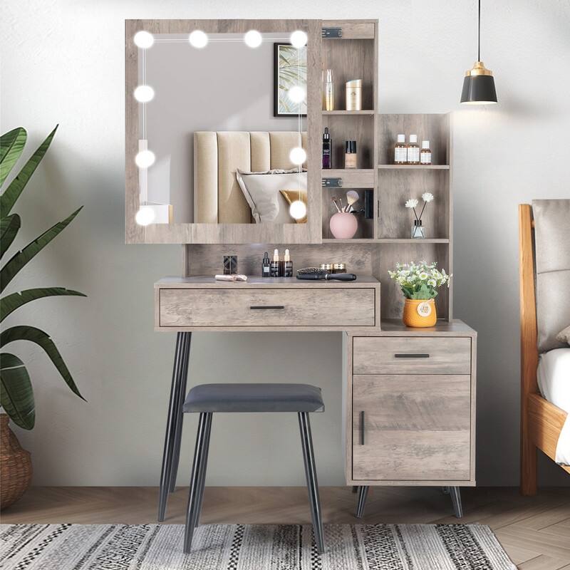 FCH Mirror Cabinet 3 Modes Lighting Dressing Table Set Grey - Grey