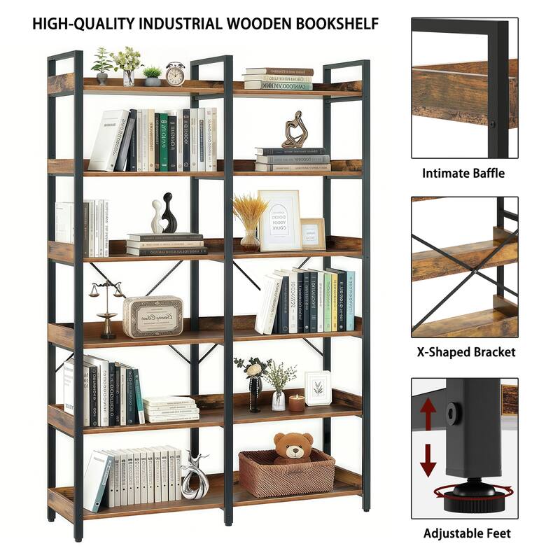 6-Tier Industrial Bookshelf, 67" Wooden Bookshelf with Open Shelves, Freestanding Metal Frame Bookcase, Modern Book Shelves