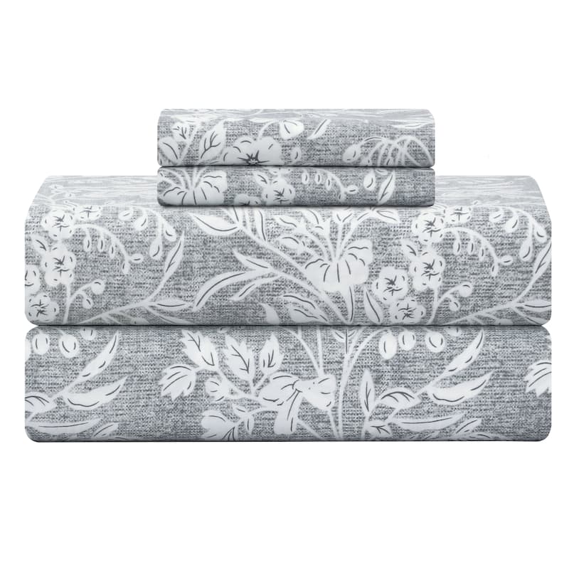 300 Thread Count Cotton Sateen Weave Printed Sheet Set - Queen - Grey Floral
