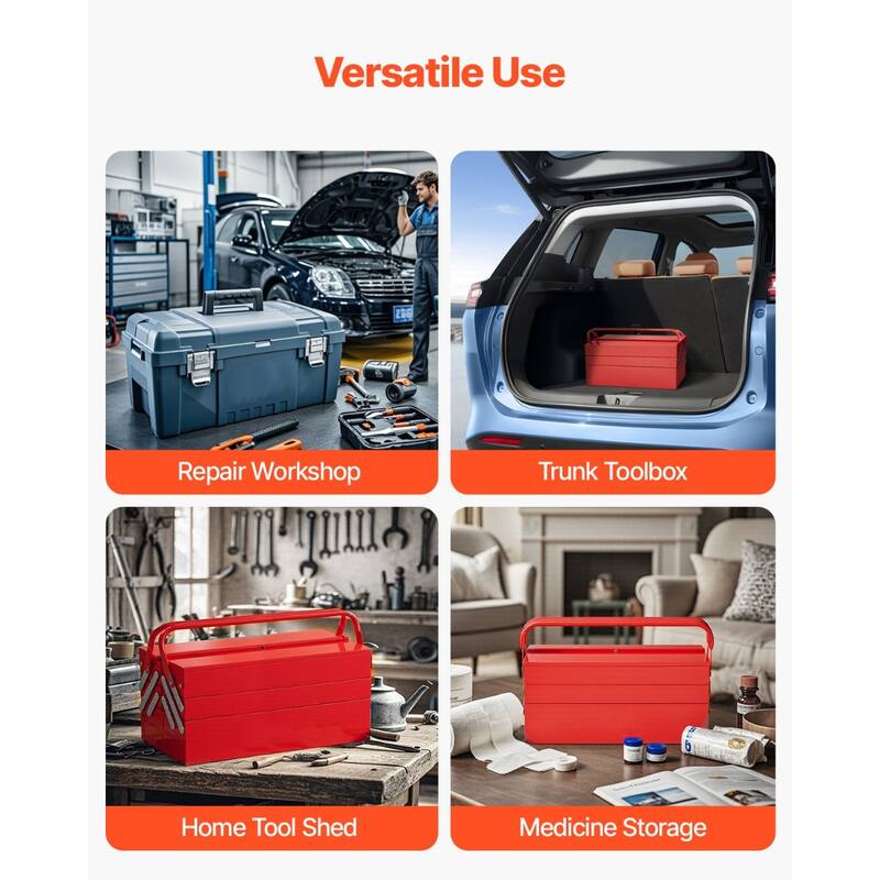 18 Inch Red Metal 3-Tier 4 Trays Folding Cantilever Toolbox with Double Handles and Smooth Flip-Top Design