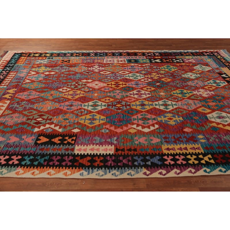Geometric Kilim Oriental Area Rug Hand-Woven Multi-Color Wool Carpet - 8'1"x 11'1"