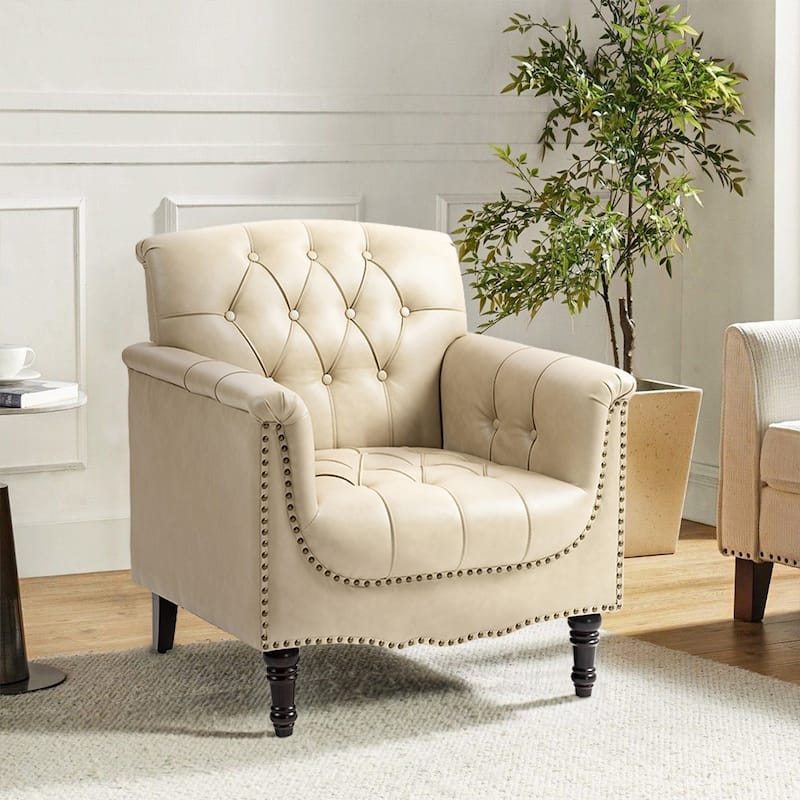 Traditional Faux Leather Tufted Accent Arm Chair with Nailhead Trim - 1-Piece - Beige