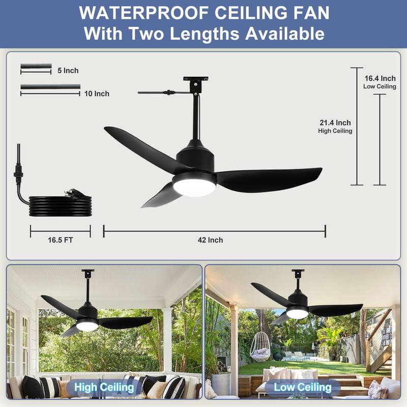 Outdoor Ceiling Fan with Light: 42-52 Inch Hanging - Plug in Waterproof Fans for Patio - Dimmable Remote App Control Black