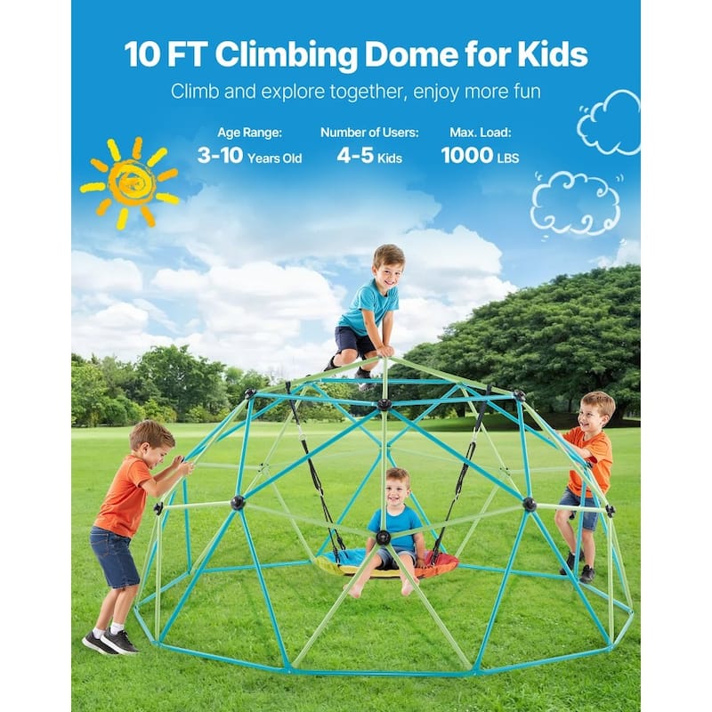 10FT Jungle Gym Climbing Dome for Kids with Saucer Swing and Promotes Active Play and Fitness - 120 x 120 x 60 in