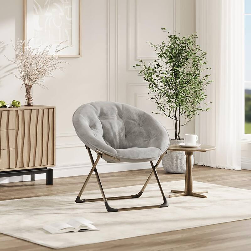 Comfy Folding Saucer Chair for Bedroom, Faux Fur Lounge Moon Chair with Sturdy Metal Frame, Oversized Plush Flower - Gray With Gold Legs
