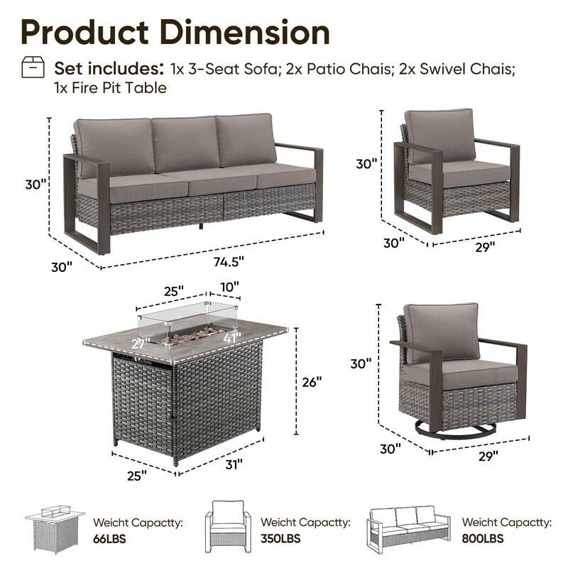 Pocassy 6 Pieces Outdoor Sofa Chair with Fire Pit Table Set