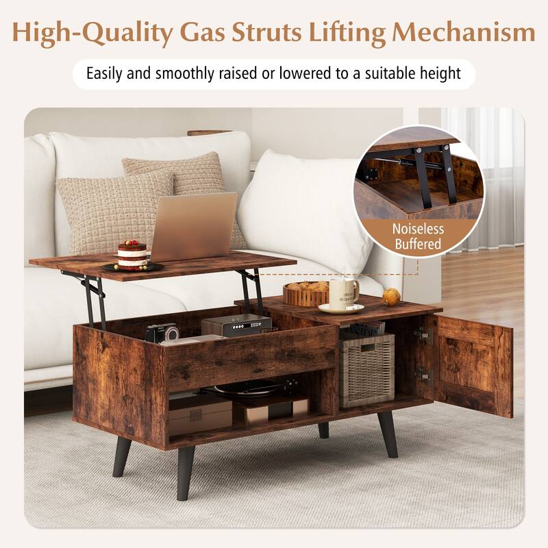 Open Shelf Coffee Table with Lift-Top Workstation and Hidden Storage Cabinet for Living Room - 39.5" x 19.5" x 18" (L x W x H)
