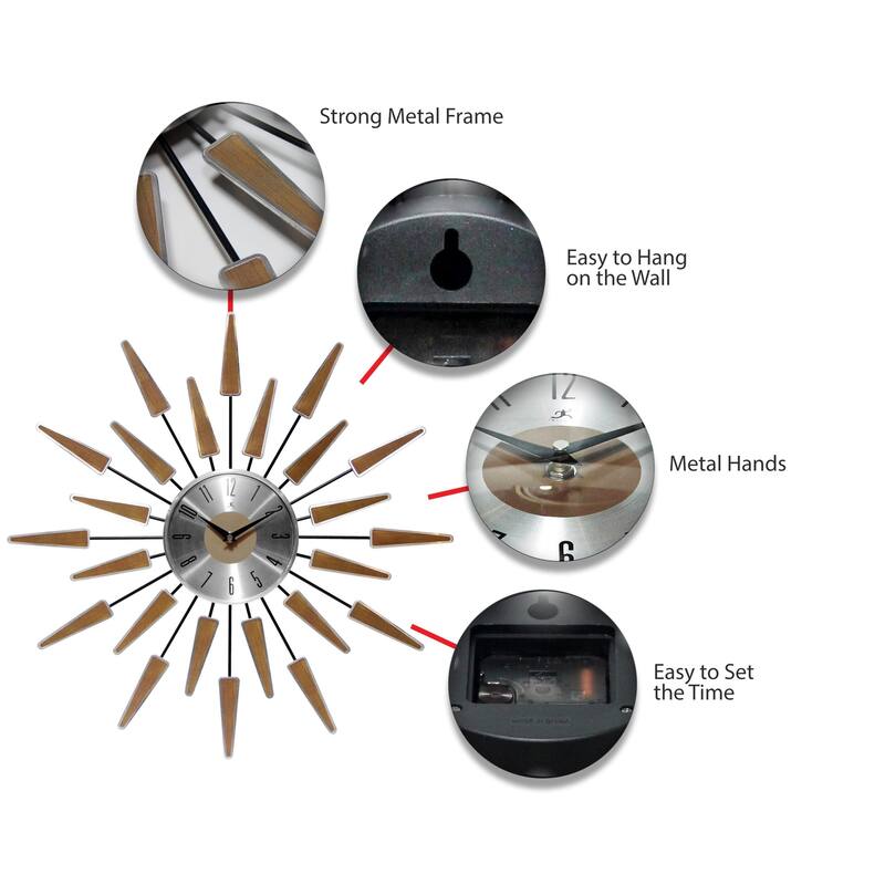 Satellite Starburst Mid-Century Modern Large 23 inch Wall Clock by Infinity Instruments - 23 x 2 x 23