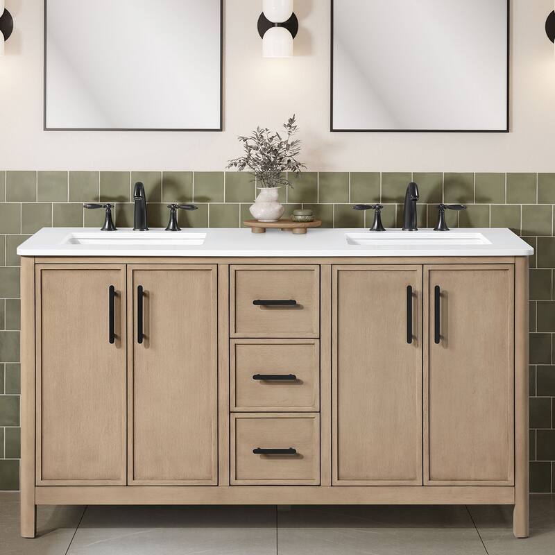 OVE Solas Bathroom Vanity with White Engineered Stone Top - Sahara Birch - 60"