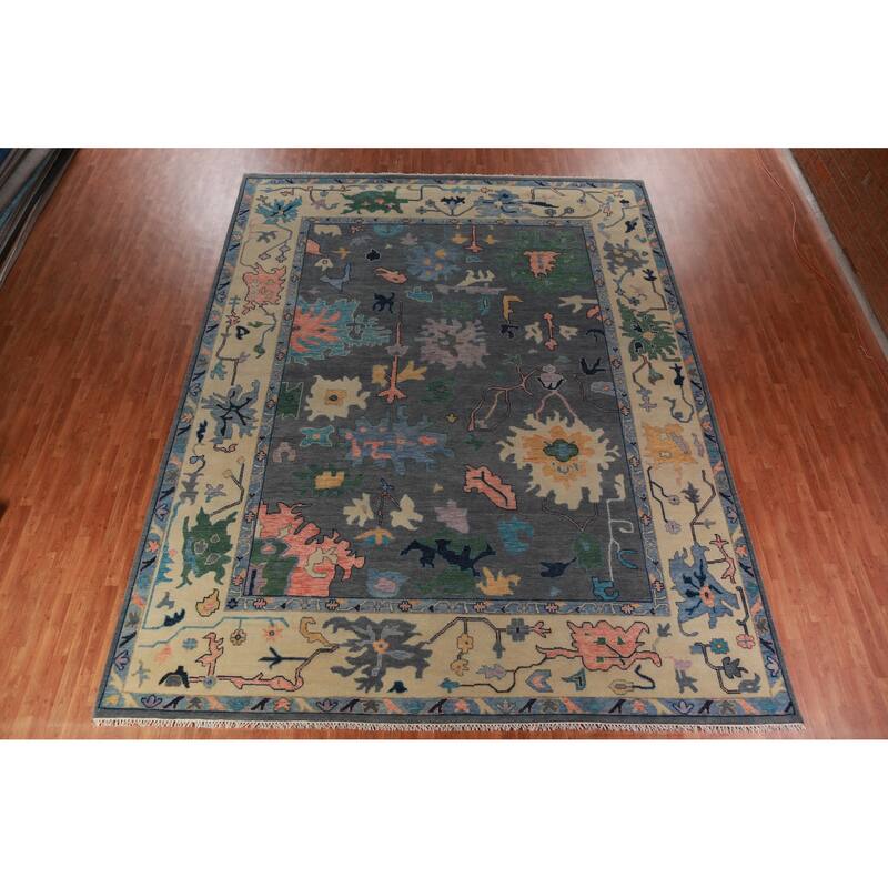 Gray Floral Oushak Indian Large Rug Handmade Wool Carpet - 11'9" x 14'11"