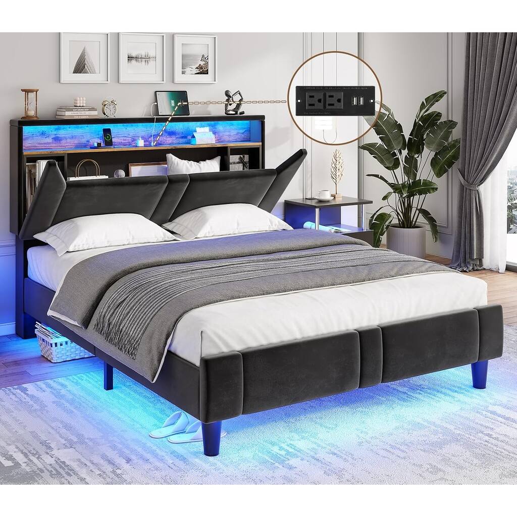 Velvet Bed Frame with Storage Headboard under Lights Charging Station